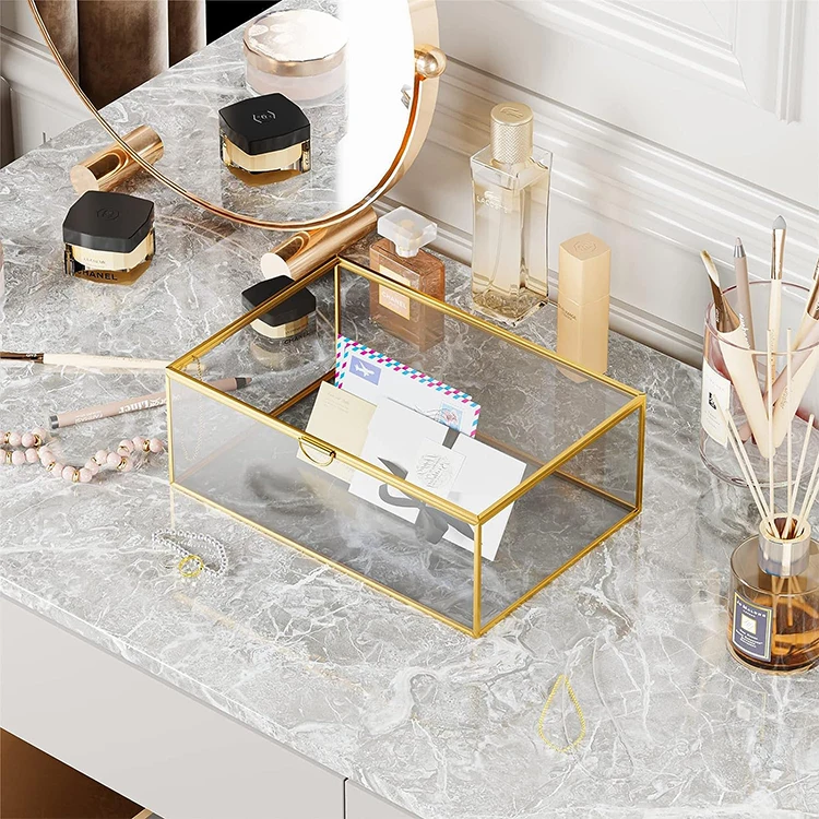 Glass Jewelry Box with Hinged Lid for Women and Girls Suitable for Storage Jewelry, Trinkets Flowers Vintage Brass Frame