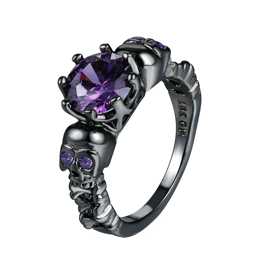 Vintage Black Gold Gothic Skull Ring For Women Purple Zircon Punk Halloween Fashion Jewelry Ring Wholesale