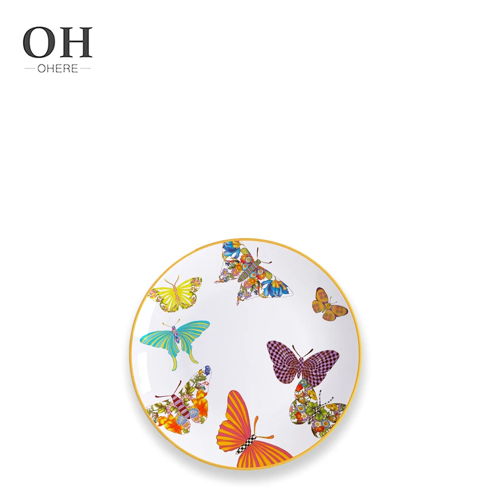 Colorful butterfly Ceramic Dish Gold Rim Ceramic Dinner Plate Set Bone China Charger Plate for Party Rent  Wedding Plates