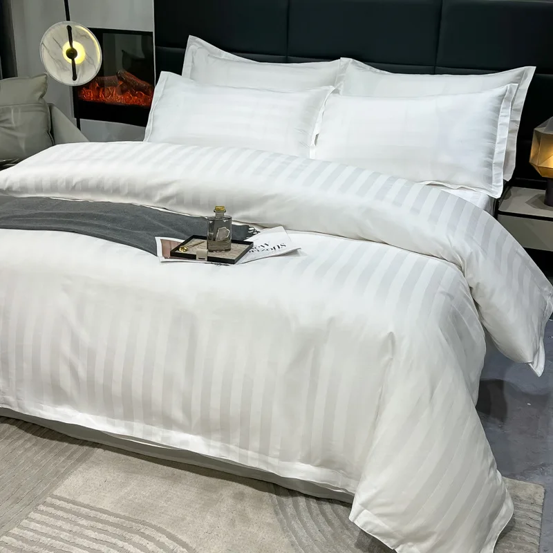 luxury hotel linen supplies Polyester/Cotton size design 5 star bed linen set for white striped hotel bed hotel quality linens