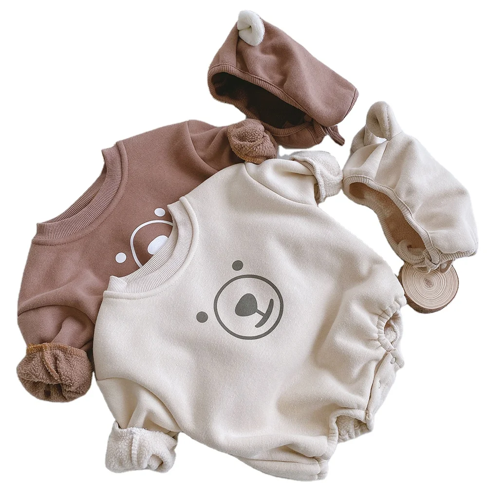 Cute lovely baby winter rompers bear pattern newborn clothes fleece-linen jumpsuit for kids