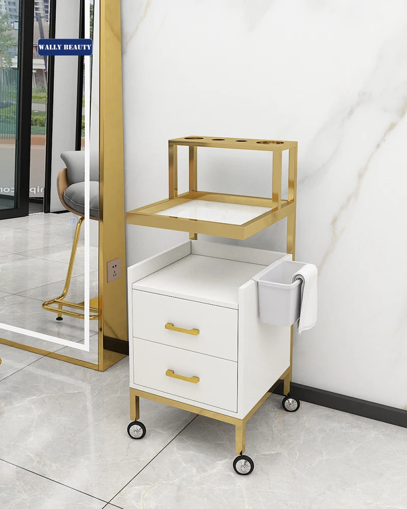 Wallybeauty Beauty SPA Hair Salon Gold Drawers Salon Trolley Cart With Wheels