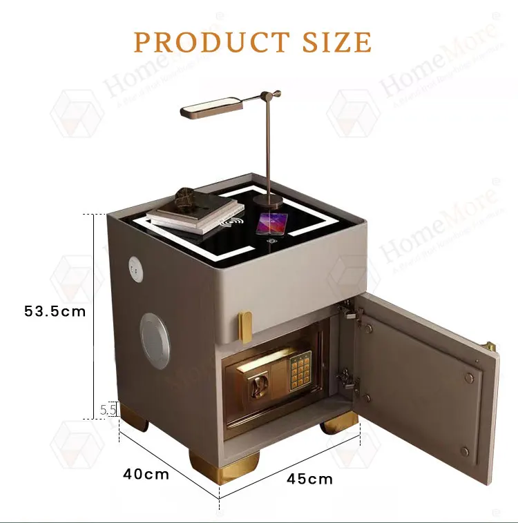 Luxury Mini Gun Safe Lockers Smart Bedside Table Wireless Charger LED Nightstand Gun Safe Box Fingerprint
