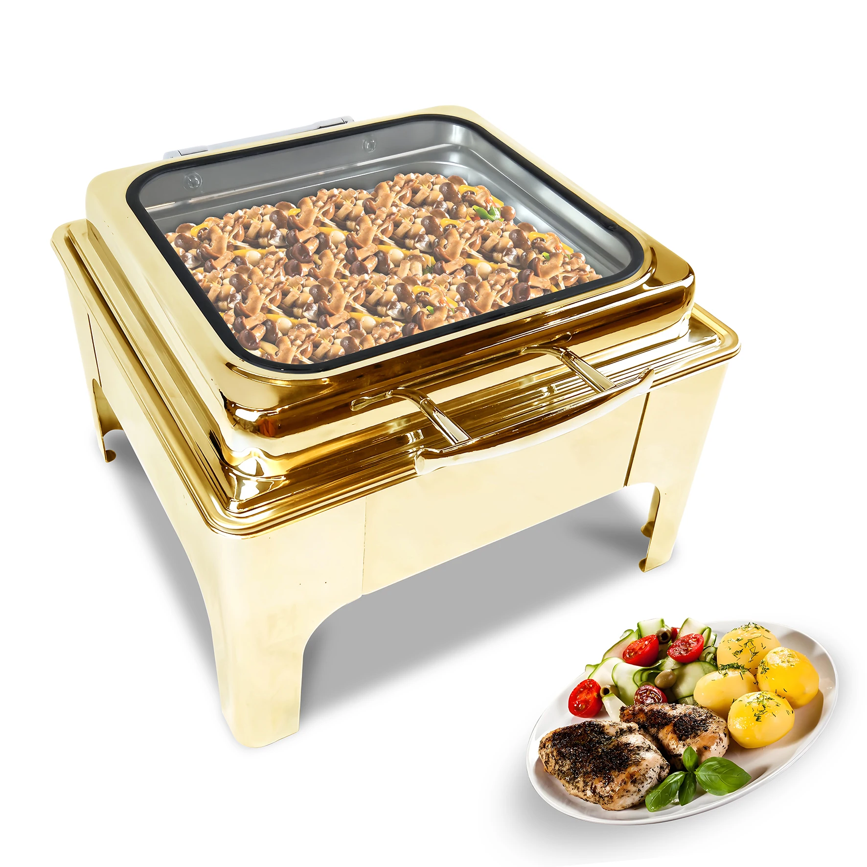 YITIAN Square Gold Stainless Steel Luxury Special Price Buffet Stove Chafing Dish Dome Soup Food Warmer Set With Big Glass Cover