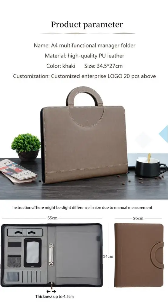 Custom Leather Zip Binder designer portfolio Padfolio With handle for Office School Supply