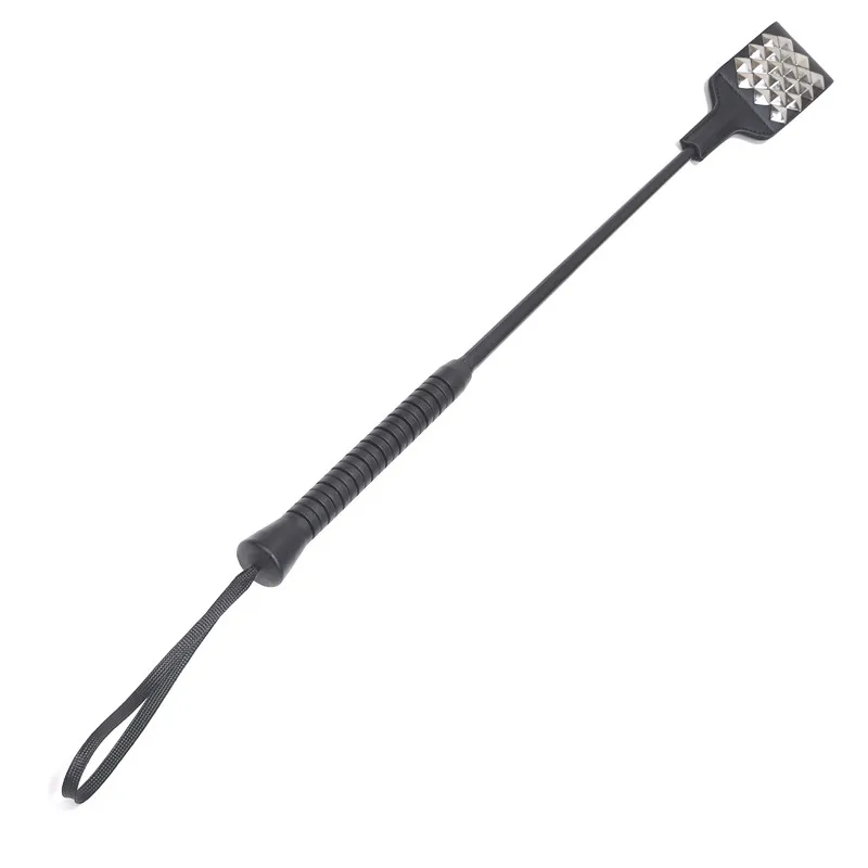 SM Fetish Black Metal Rivets Soft Plastic Long Handle Riding Crop Spanking Paddle