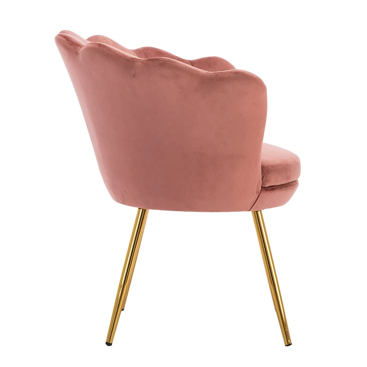 Manufacturer Sale Elegant Arm Chair Modern Metal Frame Pink Velvet Shell Flower Dining Room Chair With Gold Leg