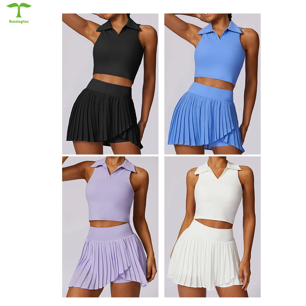 2024 New Style Polar Neck Sports Top Pleated Mini short skirt Set Outdoor Active skirts for women women sportswear
