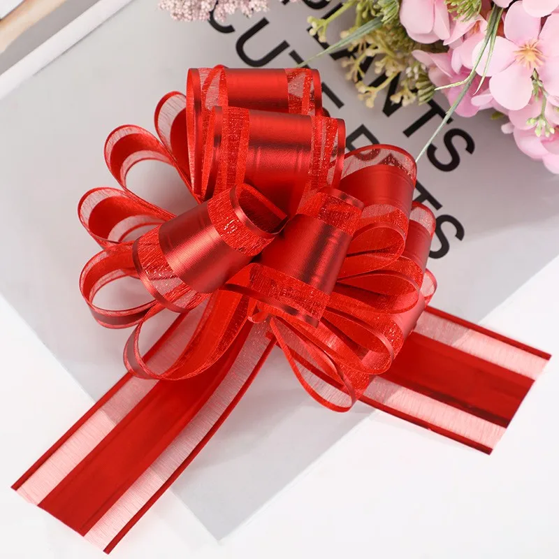 Wedding Car Christmas Decoration Flower Ball Snow Yarn Organza Pom Draw Bow Ribbon Large Pull String Bows