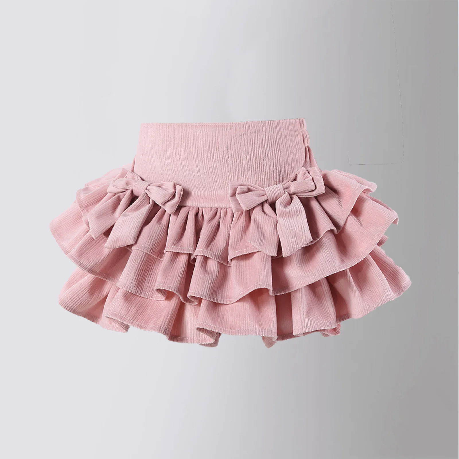 2024 Children Girl Summer Ruffle Layered Bows Cake Skirt Pink White Gray 3-9 Years