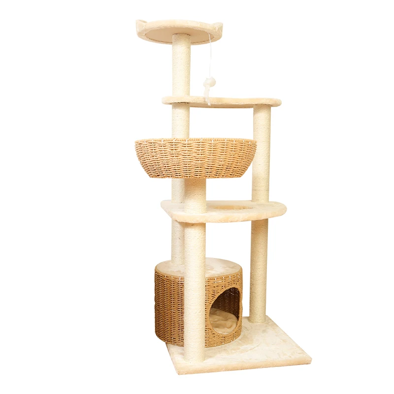 Newly Design Sisal Cat Tree House Rattan Cat House Floor to Ceiling Nature Solid Wood House for Big Cats