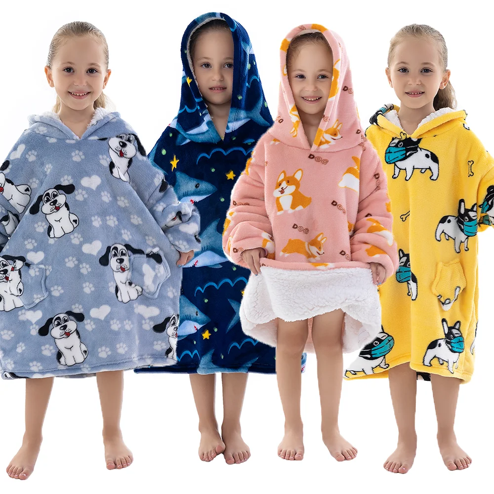 Custom Flannel Sherpa Children Warm Carton Winter Fleece Wearable Kids Blanket Hoodie