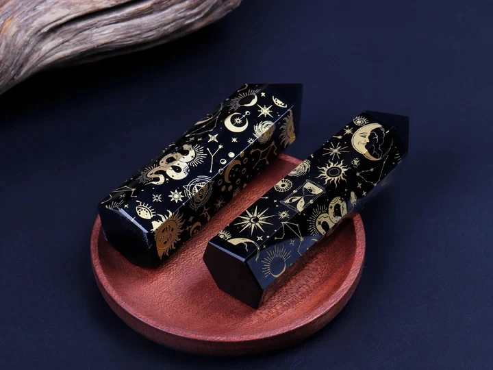 Natural Obsidian Crystal Wand Plated With Gold Star Moon Pattern Point Wand Healing Stone Energy Quartz Home Decoration Reiki