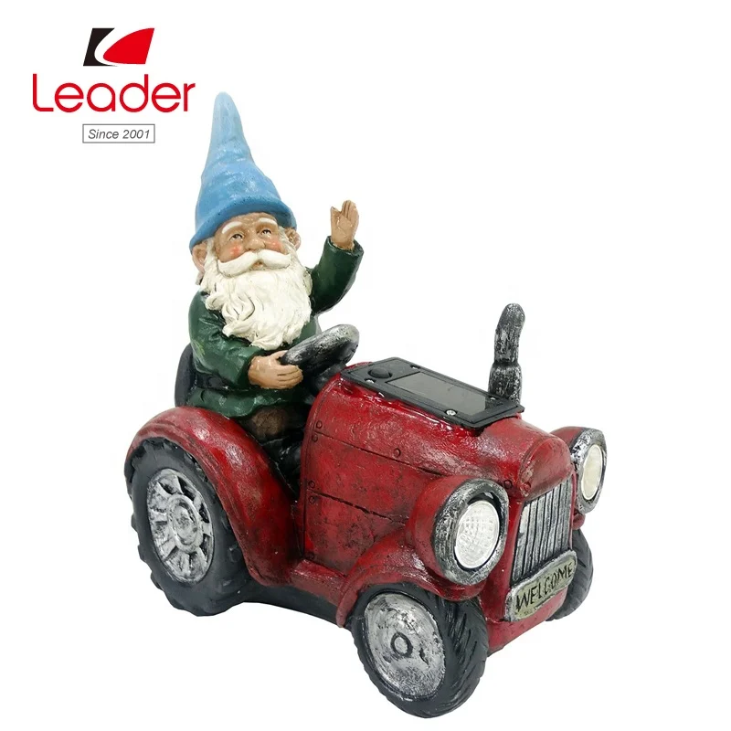 Garden Polyresin Solar Red Tractor Riding Gnome with Cool White LED Light