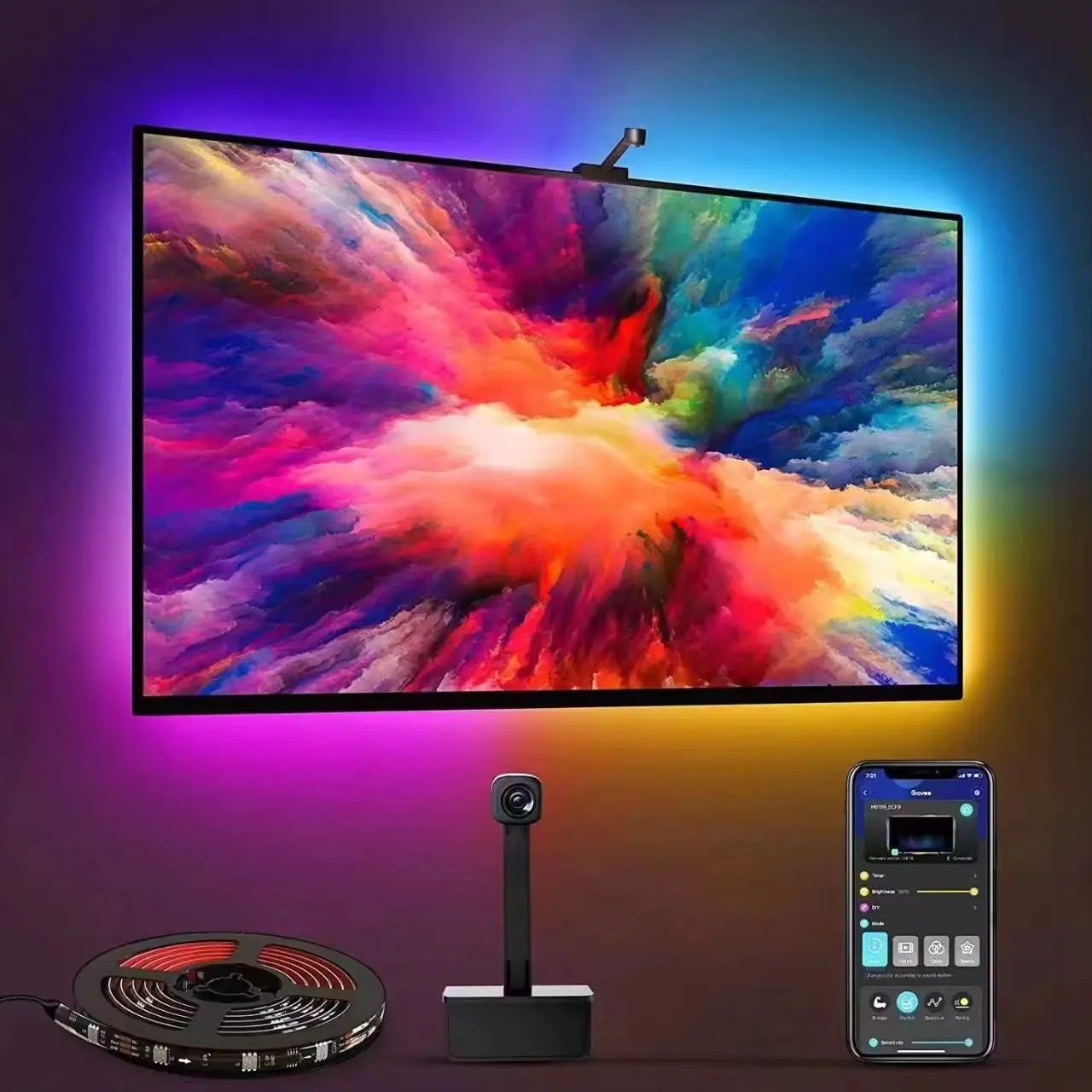 3.8m Roll 12.5ft 12V IP 20 RGBIC 55-65inch Wifi App  Control Smart Immersive LED TV Strip Backlight with Camera