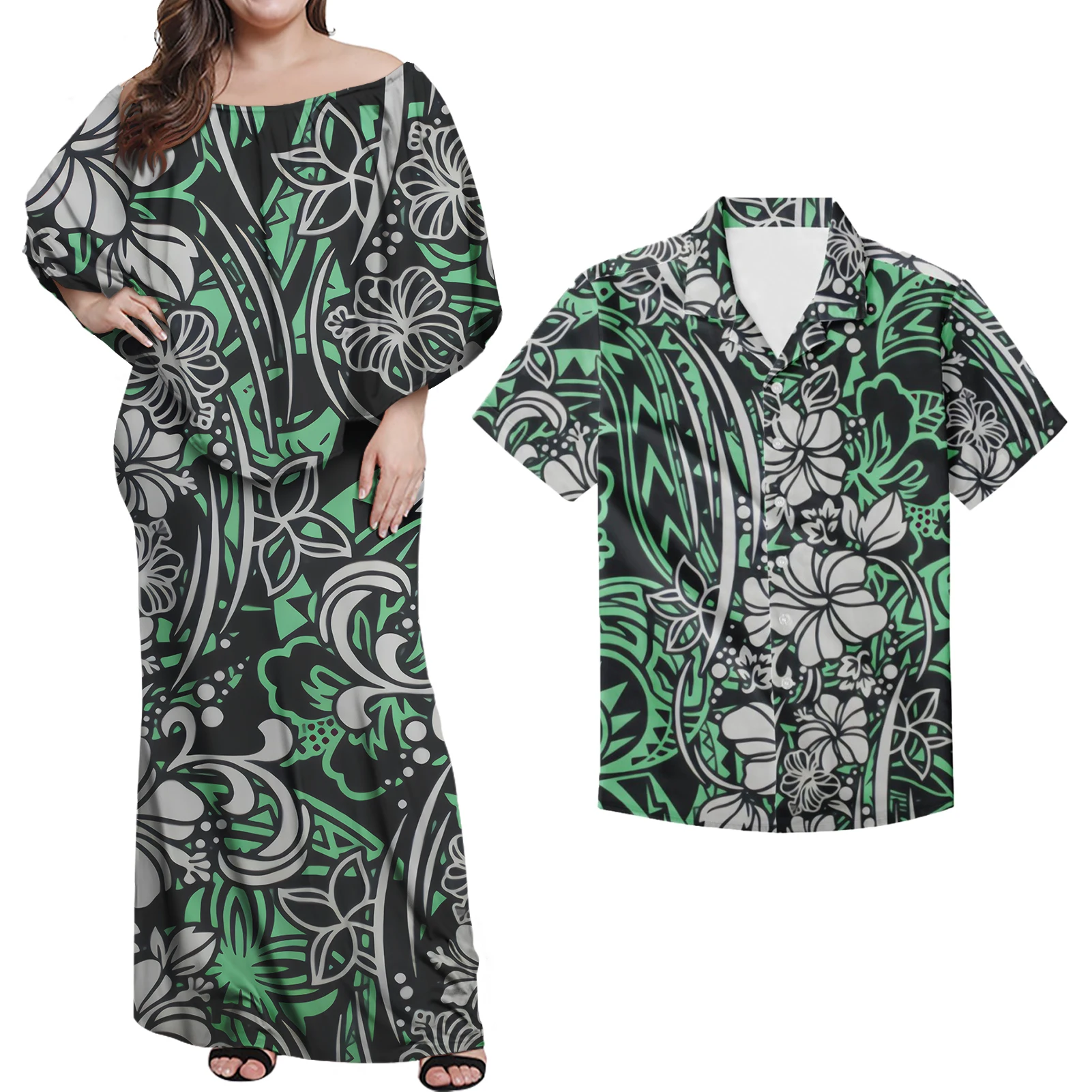 Hot Sale Evening Club Poncho Maxi Dress Women Match Man Aloha Short Sleeve Shirt Oversize Polynesian MANA Blue Sets Of Couples