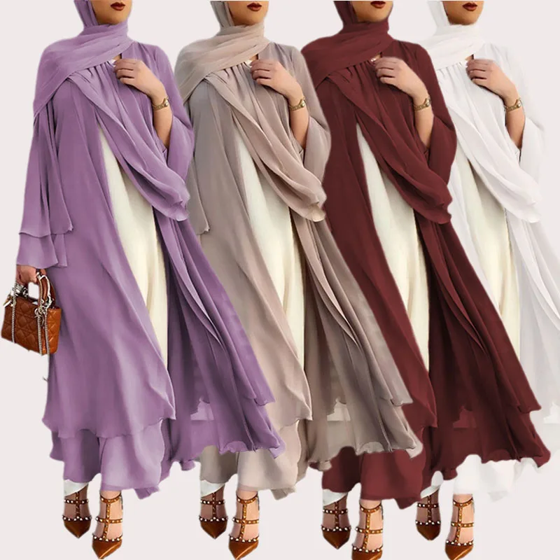 Dubai Turkey Arab Oman Elegant Chiffon Kimono for Women Muslim Solid Color 3 Layers Open Islamic Clothing Muslim Dresses Abaya