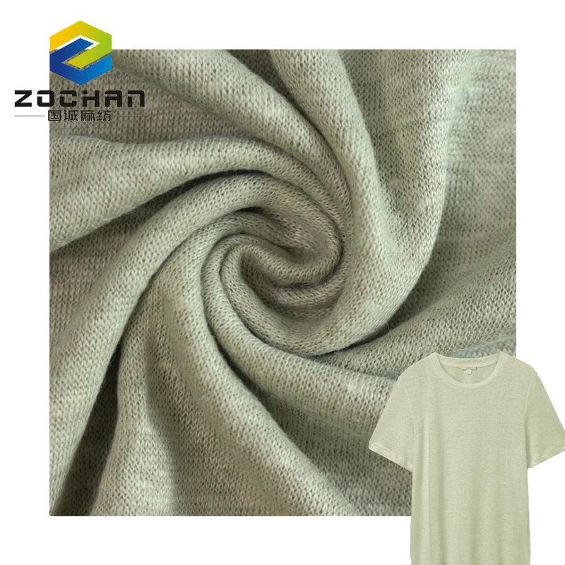 Wholesale pure 100%linen single jersey Organic  knit Khaki green linen fabric for Garment suit