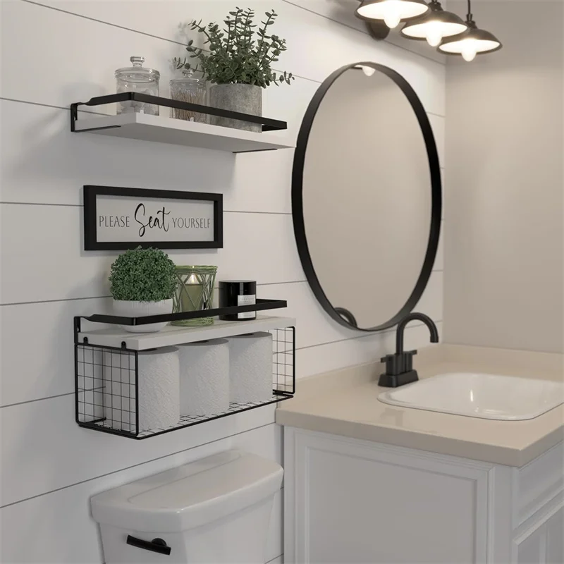 2024 HengYu Good Floating Shelves with Wall Bathroom Shelves Over Toilet with Wire Storage Basket Wooden Wall Shelf