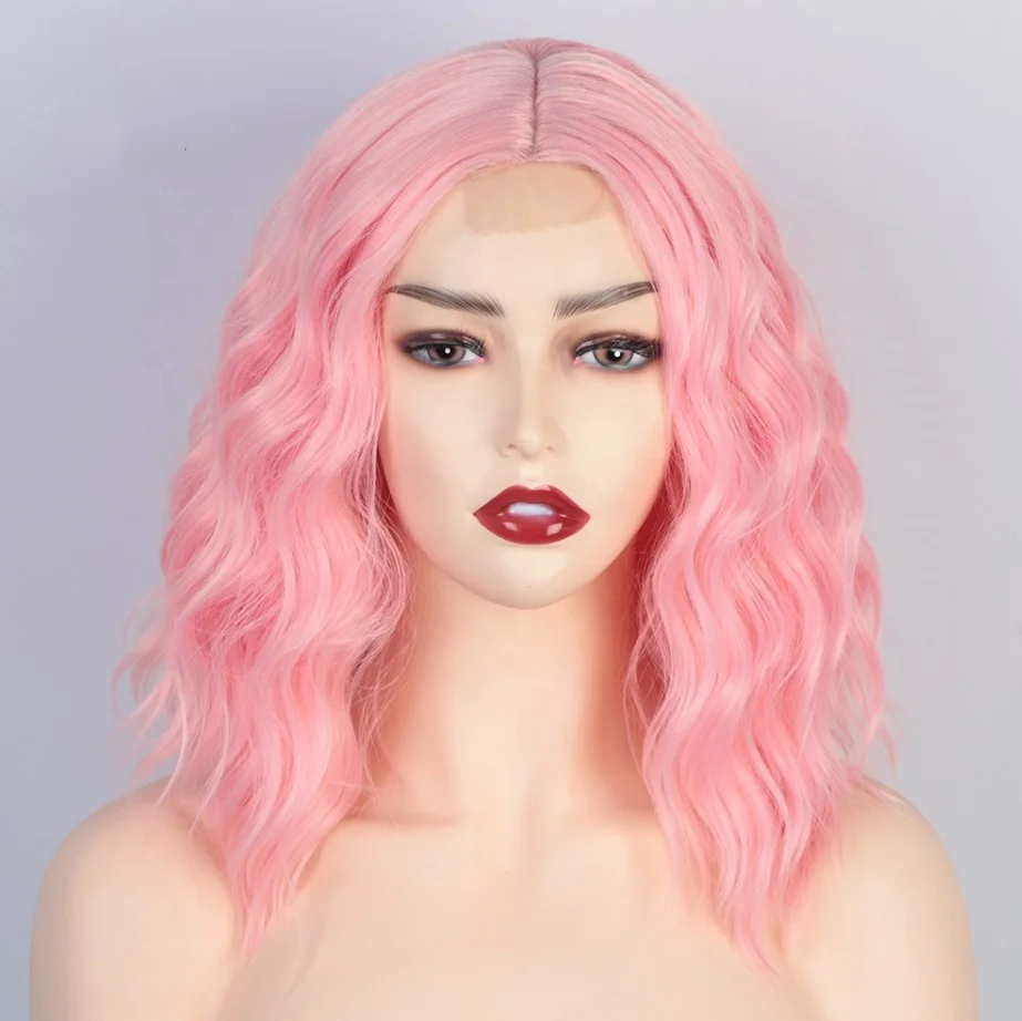 Medo Top Quality Wholesale Short Wavy Bob Wigs For Black Women Middle Part Highlight Blonde Curly Synthetic Lace Wigs