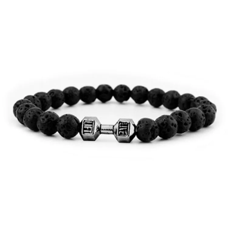 Gift Jewelry Men Natural Black Volcanic Lava Stone Elastic Gym Bracelet Silver Gold Dumbbell Beads Bracelet
