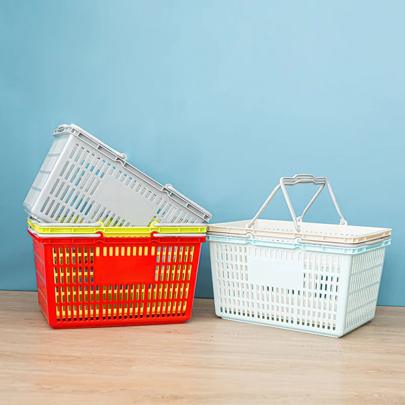 20 л Высококачественная Экологичная оптовая продажа продуктовая корзина для покупок в супермаркете пластиковая с двумя разноцветными ручками