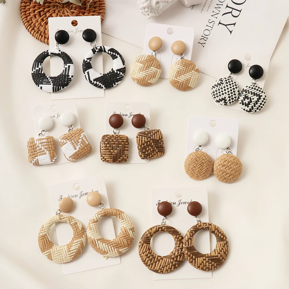 
Handmade Bohemian Wooden Rattan Wicker Straw Drop Earrings for Women Girls Vintage Geometric Statement Earrings piercing brincos 