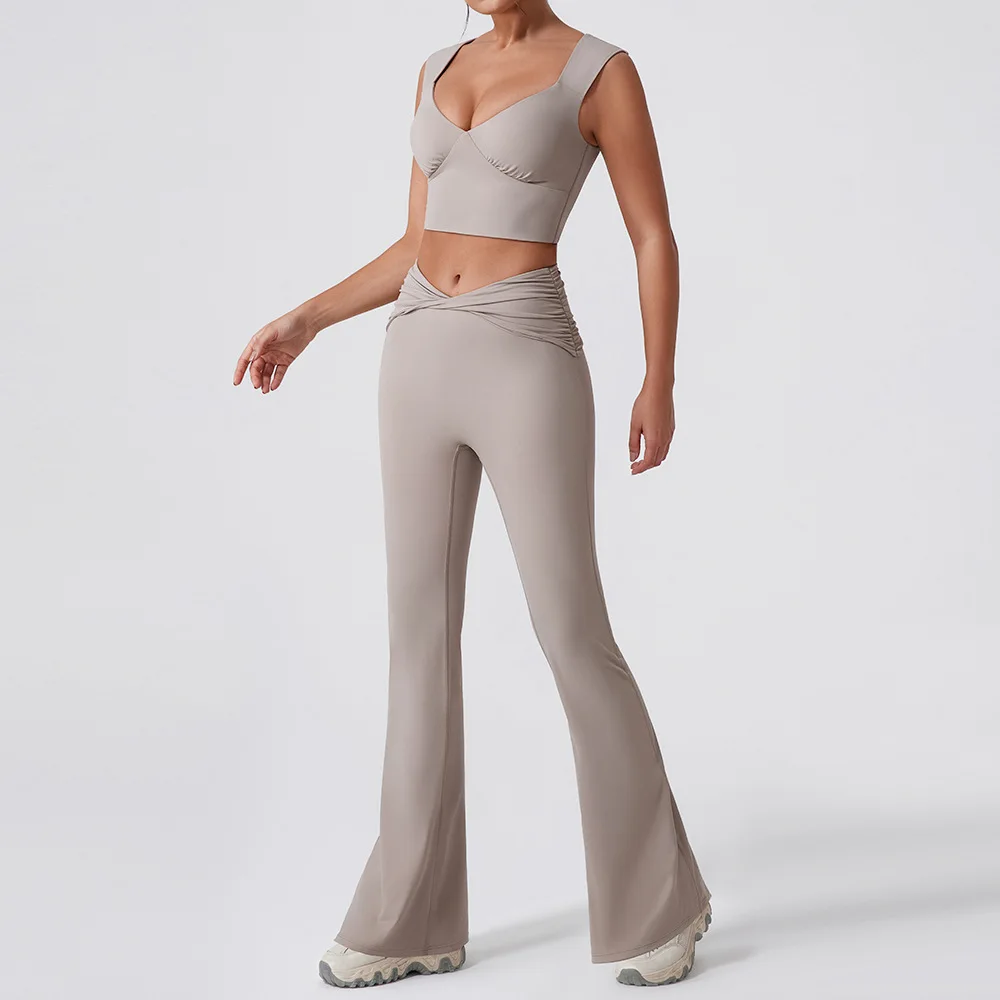 XW-YW516+KW403Wholesale hot sale chest pad tops pleated cross design bell bottom pants casual sports yoga gym women Sets