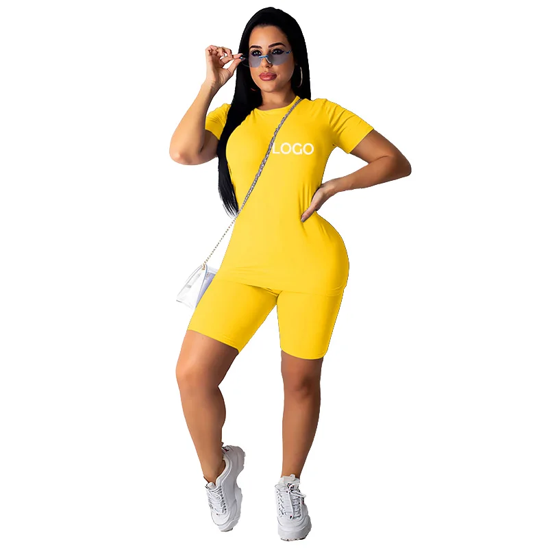 Summer Women Clothing Custom Logo Solid Color Short Sleeve Tee Shorts Set Sportswear Women Two Piece Set