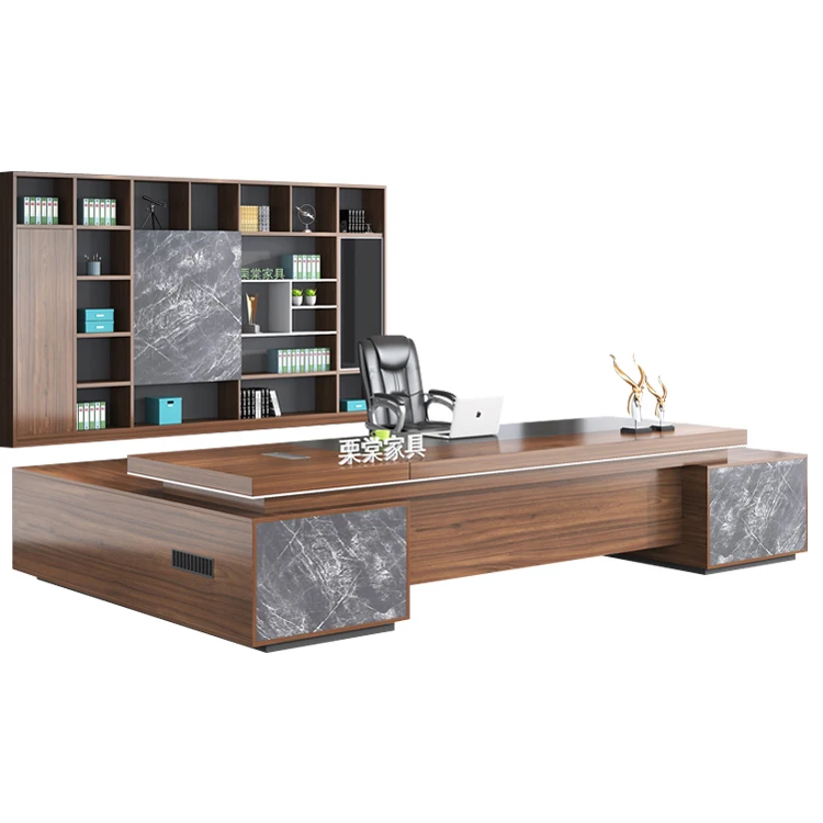 Simple luxury panel office furniture double cabinet desk walnut color boss manager workbench