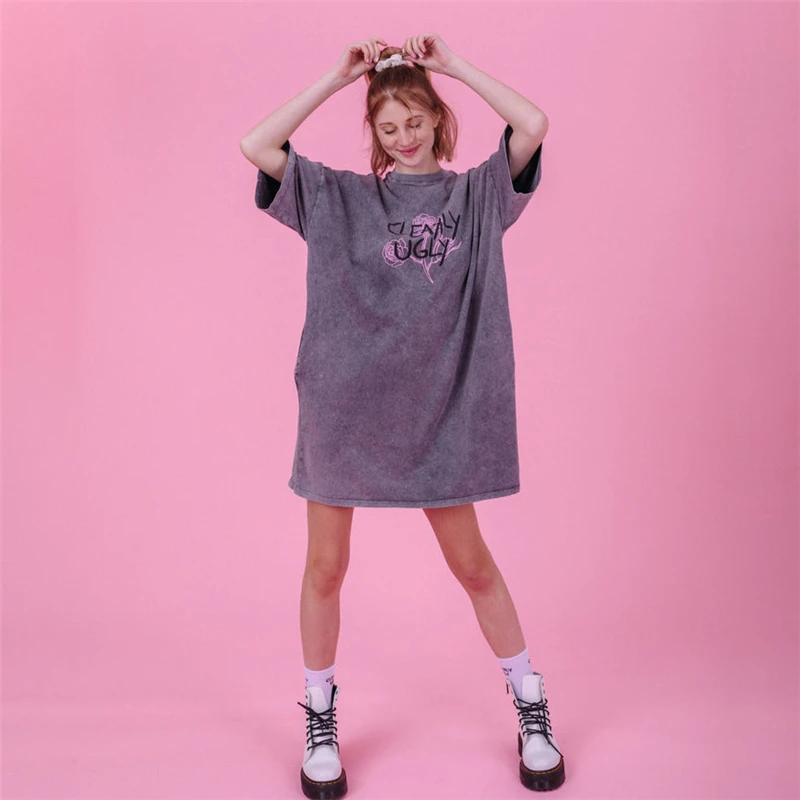 Clothing Manufacturers Summer Oversized Graphic Acid Stone Vintage Wash T-shirt Dress Women