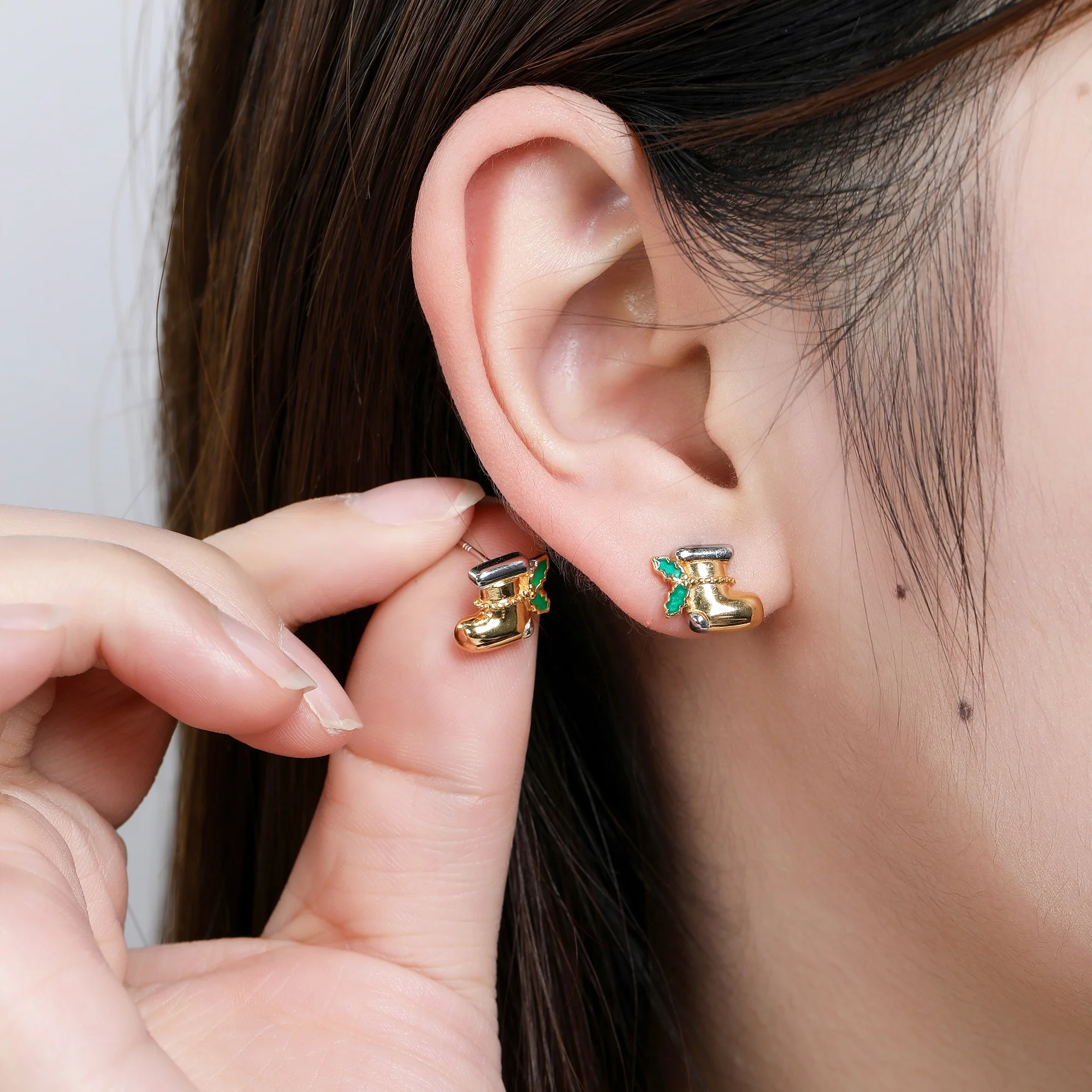 HAIKE Original 925 Sterling Silver Two Tone Plated Christmas Socks Stud Earrings Exquisite Small Jewelry Gift