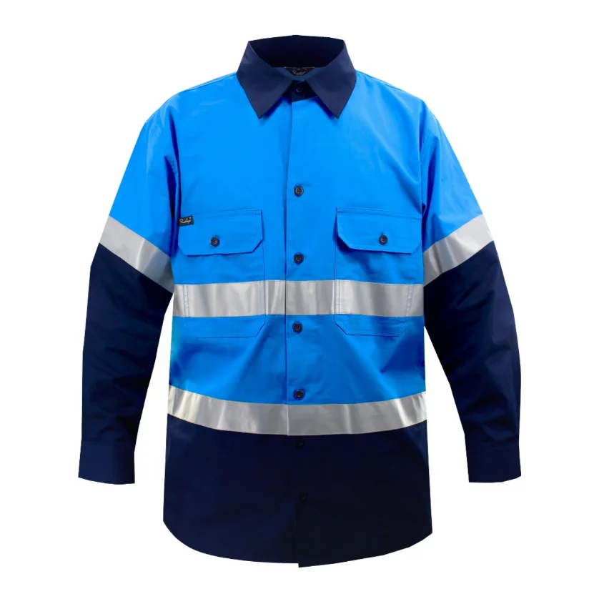 Custom Long Sleeve Reflective Safety Shirts Yellow Blue Canvas Button Construction Workwear Anti-Static Feature Made PP Cotton
