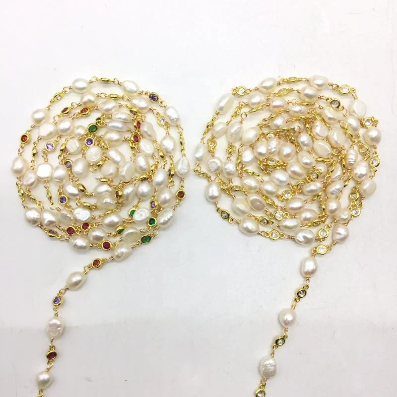 Hotselling Gold Plating Copper Wire Wrapped Natural Pearl and  Zircon Beads Rosary Chain Jewelry