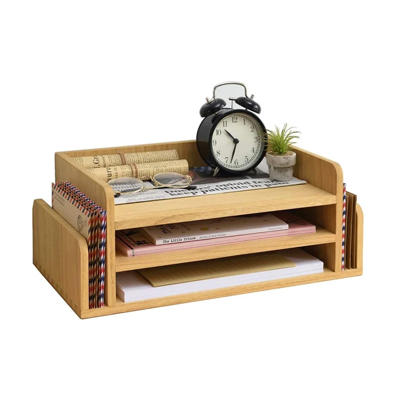 Wood 3 Tier Office Desktop Document Tray Mail Sorter Organizer Rack Wooden Document Letter Stand for Folders Mail
