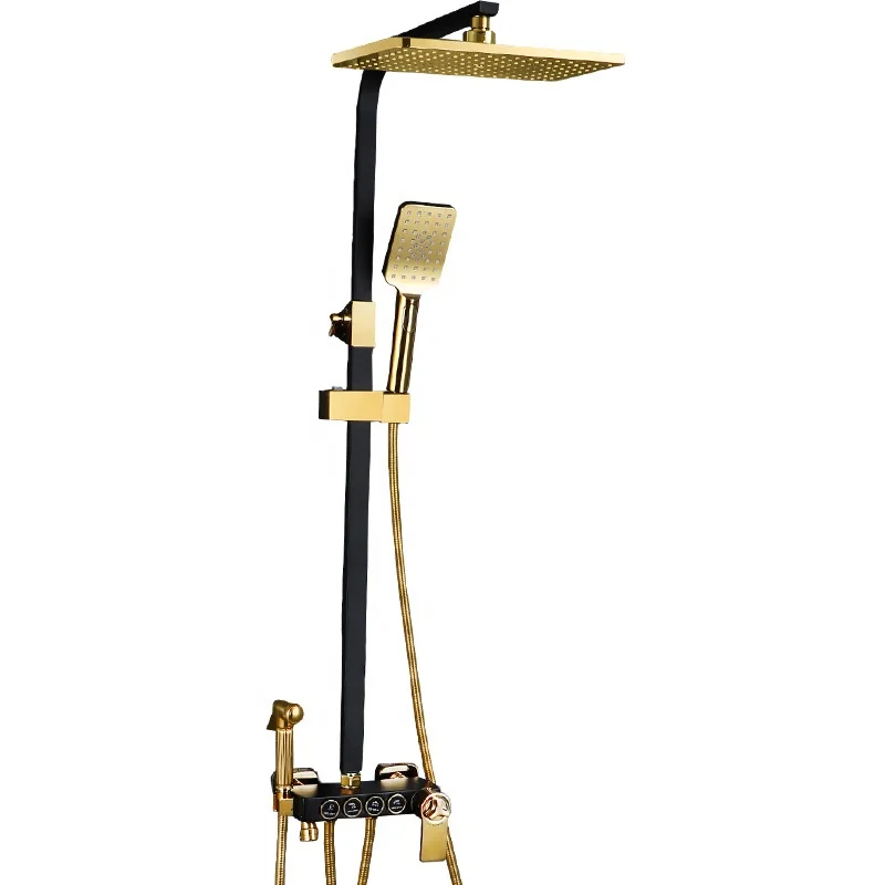 Modern Wall Hanging Thermostatic Gold 3 Way Faucet Shower Set Rainfall Bathtub Tap With Bathroom Shelf