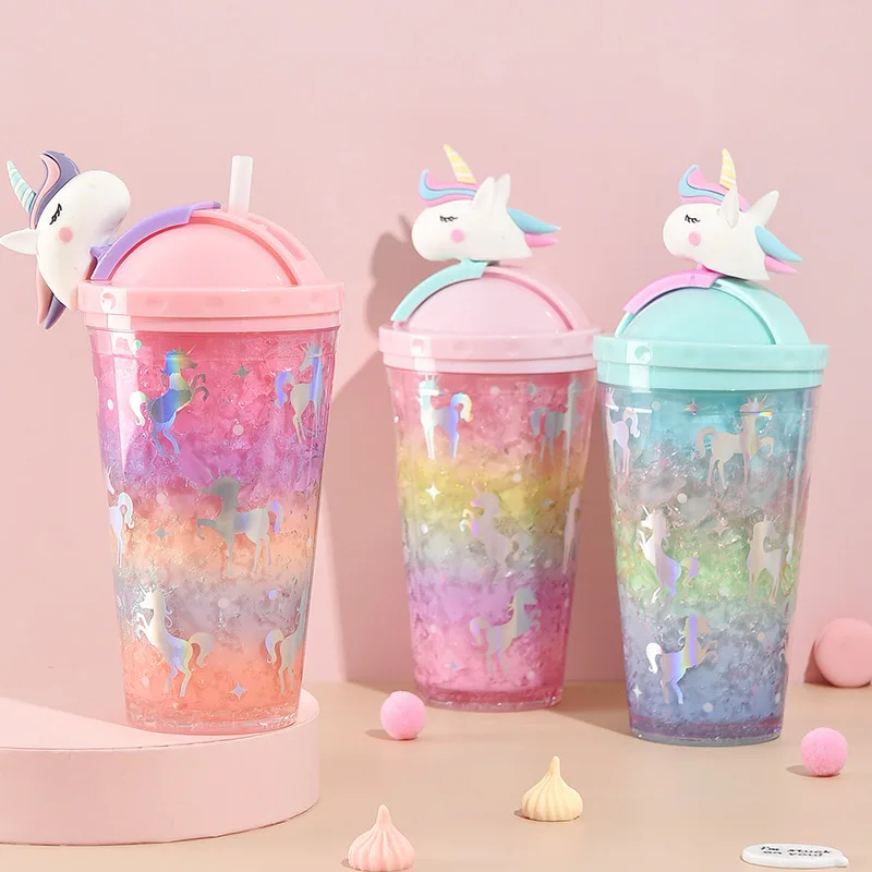 Lovely Unicorn Plastic Double Wall Water Bottle For Ladies And Children Water Leaking Proof Colorful Bottle With Straw