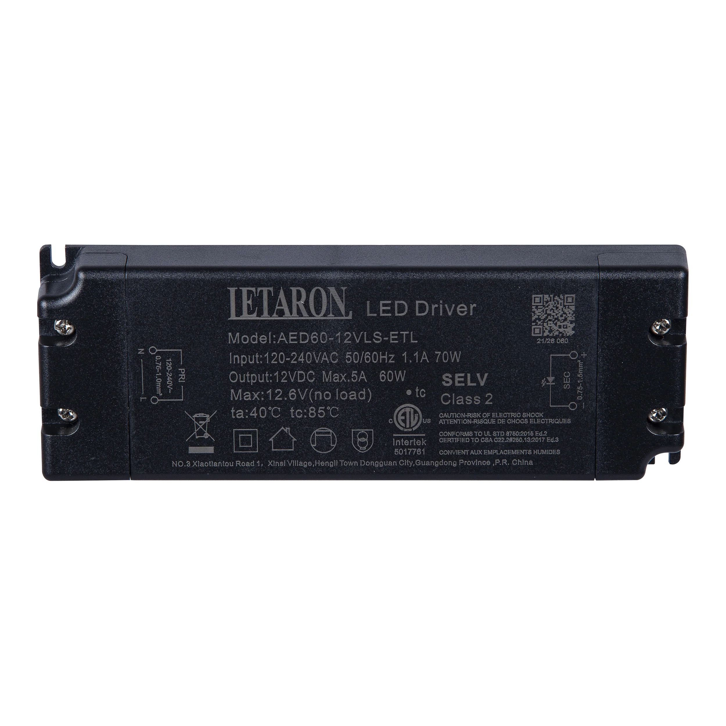 LETARON 12/24VDC 2500/5000mA 60W 120-240VAC 50/60Hz 154x54x19mm  ETL Super-Slim LED Driver