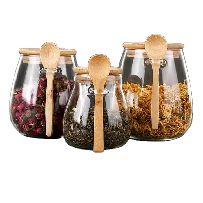 Hot sales glass jars with Wooden spoon spices jars household glass jars with lids
