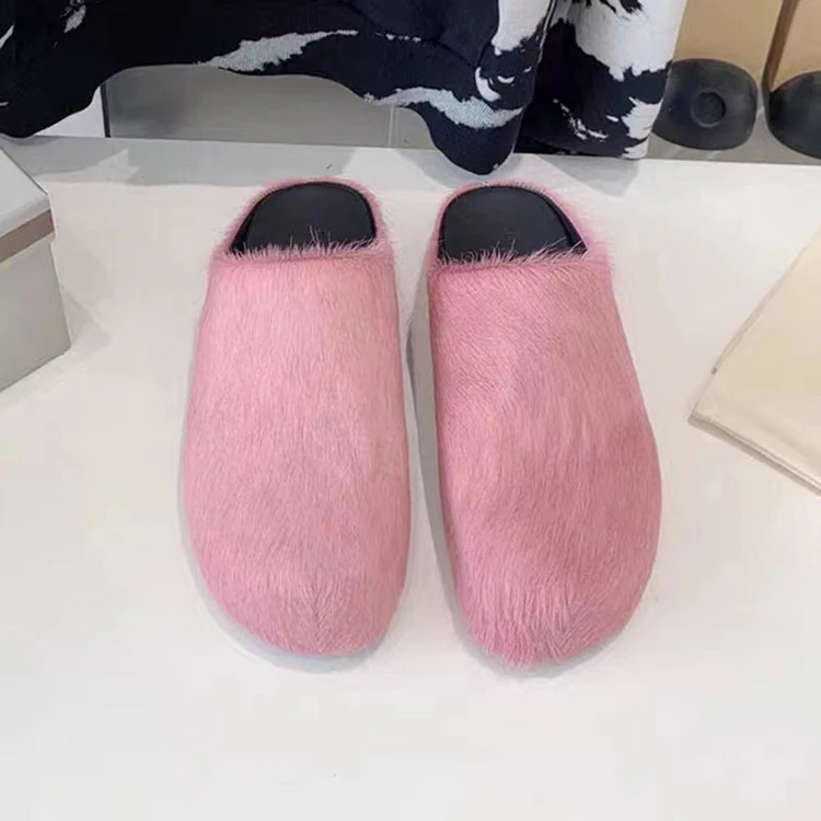 Fashion Luxury Women Winter Loafers Flat Real Fur Slides Horsehair Fluffy Plush Furry Slipper with Logo Customized