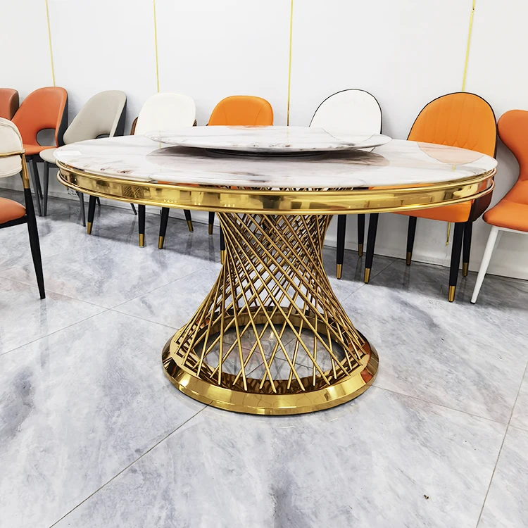 New Style Modern Light Luxury Stainless Steel Dining Room Custom Furniture  Leg Marble Round Table 6 - 8 - 10 Persons Tab