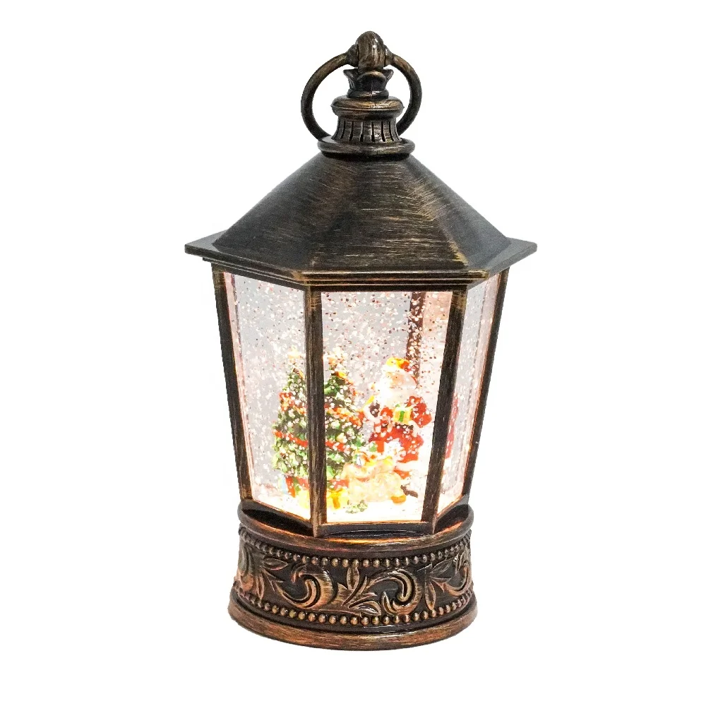 Antique Bronze LED glitter swirling resin Santa decorating scene water lantern Christmas snow globe