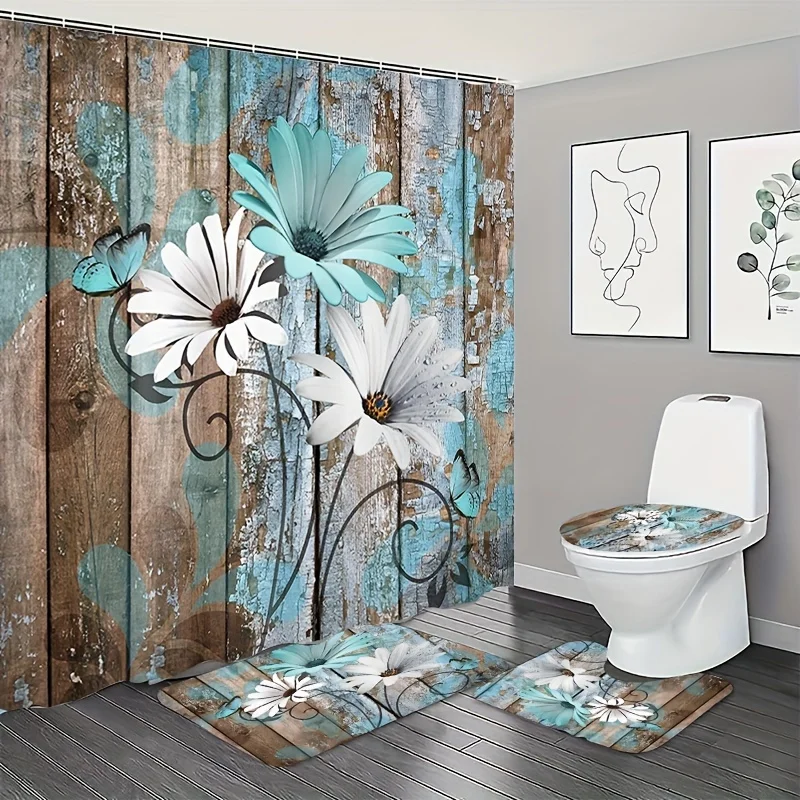 Daisy Wooden Board Printed Shower Curtain Set Waterproof Bathroom Partition Curtain With Hooks