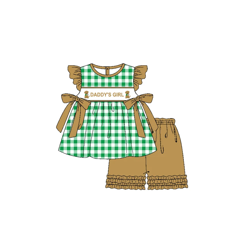 Preorder girls clothes khaki flutter sleeves dog print green plaid tunic ruffle short wholesale girls boutique clothe suit nomoq