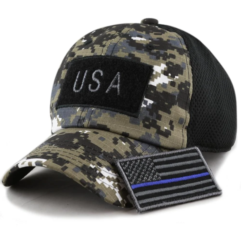 Tactical Embroidery Patch Trucker Cap Operator with USA Flag Camouflage Hoop Loop Closure Mesh Baseball Cap