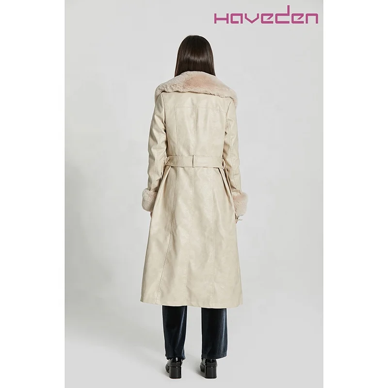 Long Pu coat large fur collar custom belt design winter jacket warm  ladies jacket