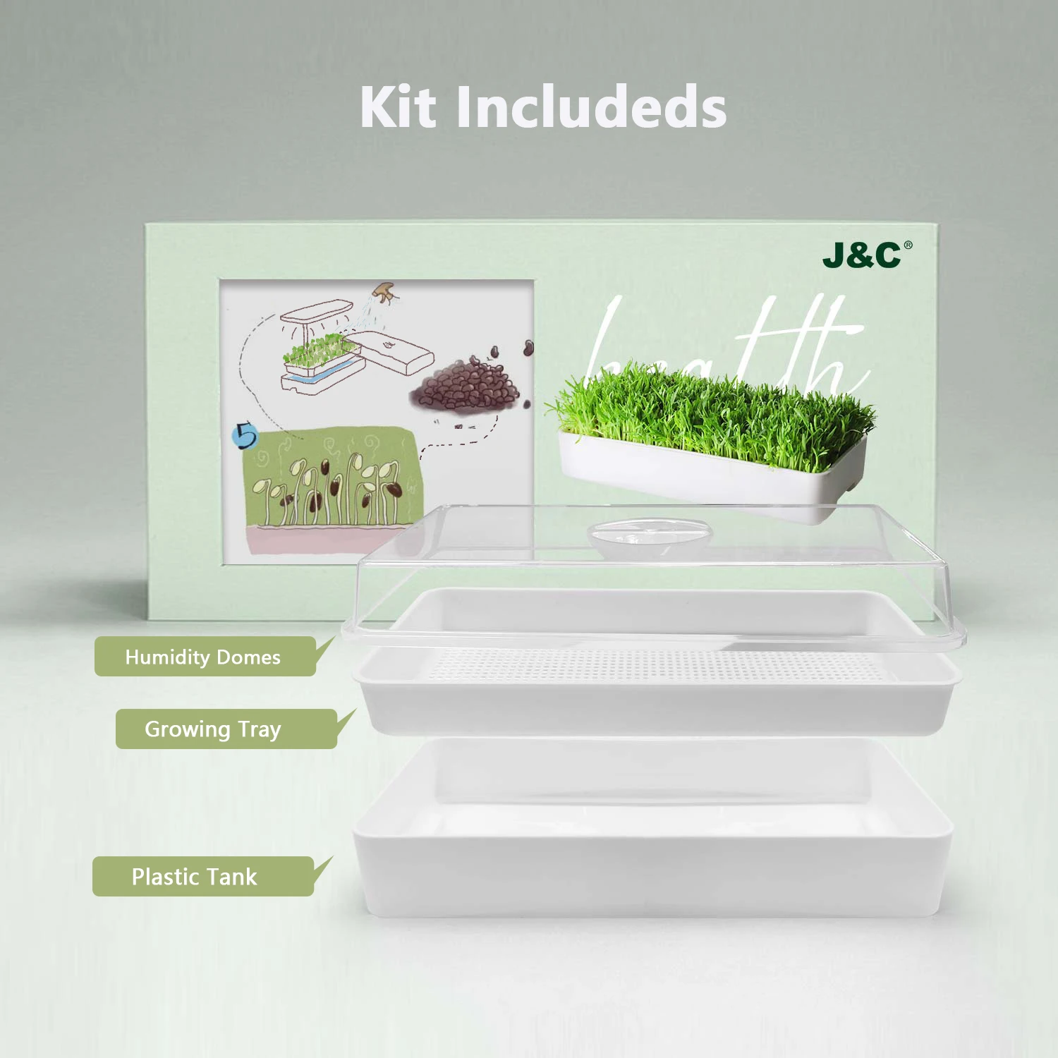 Аксессуары для садоводства J & C пластиковый микрозеленый лоток комплект с дном белый