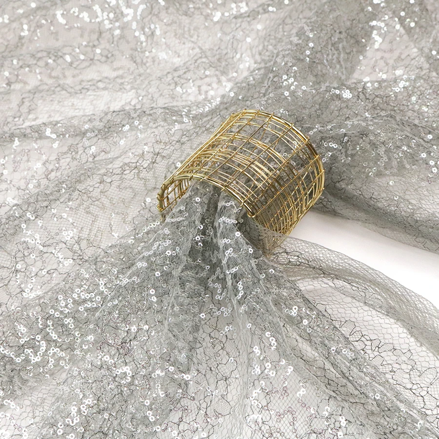 Modern Silver 2mm Transparent Sequin Embroidery Metallic Lace Tulle Fabric Wedding Dresses for Women