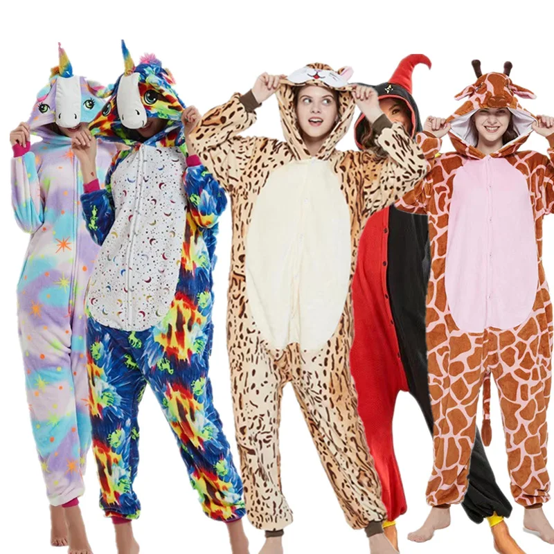 Unicorn Cartoon Unisex Winter Panda Totoro Bear Pink Onesie Sleepwear Women Men Nightwear Anime Costume Adult Flannel Pajamas