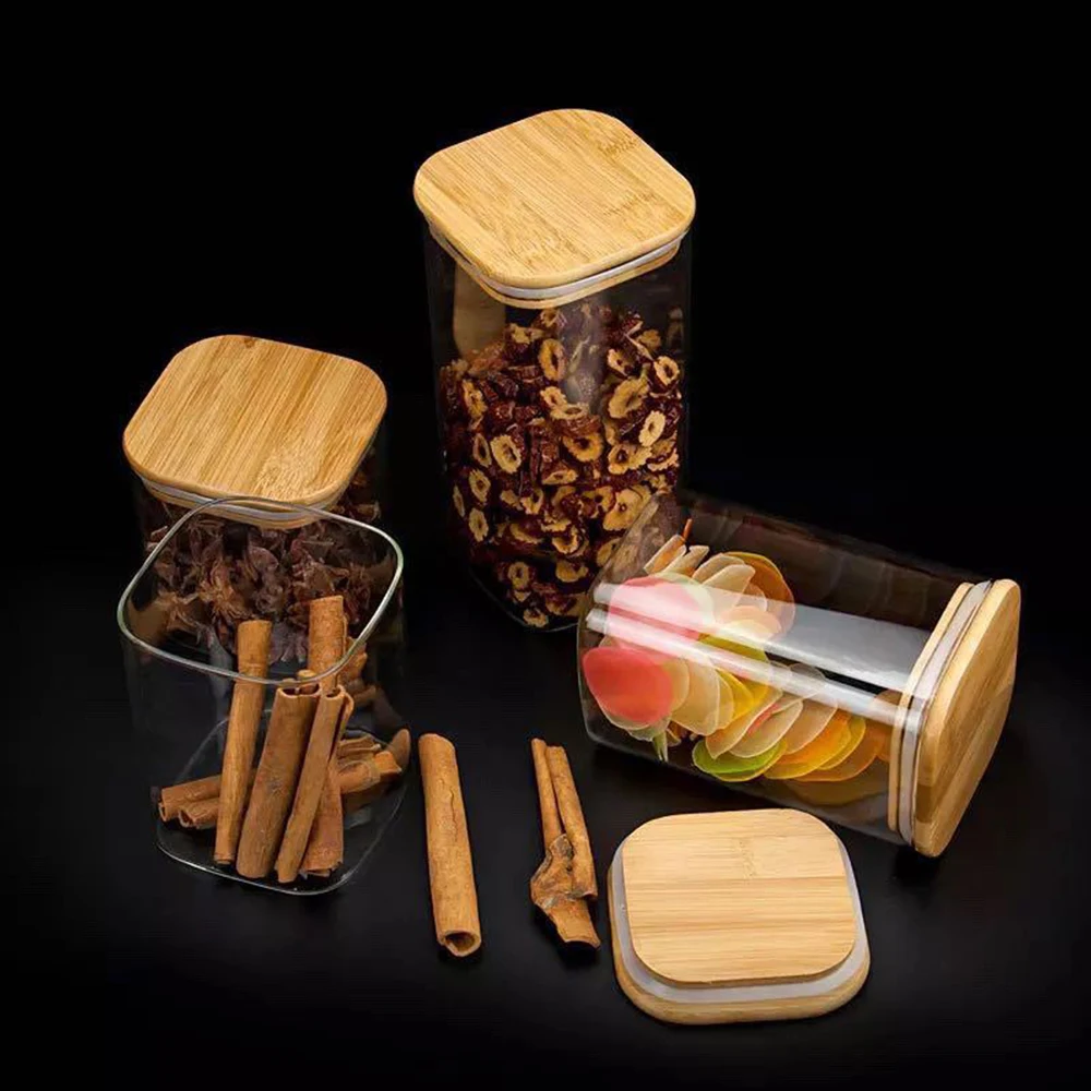 810 ML Large Size Square Shape Airtight Storage Jar with Bamboo Lid + Silicone Ring Glass Container Jar